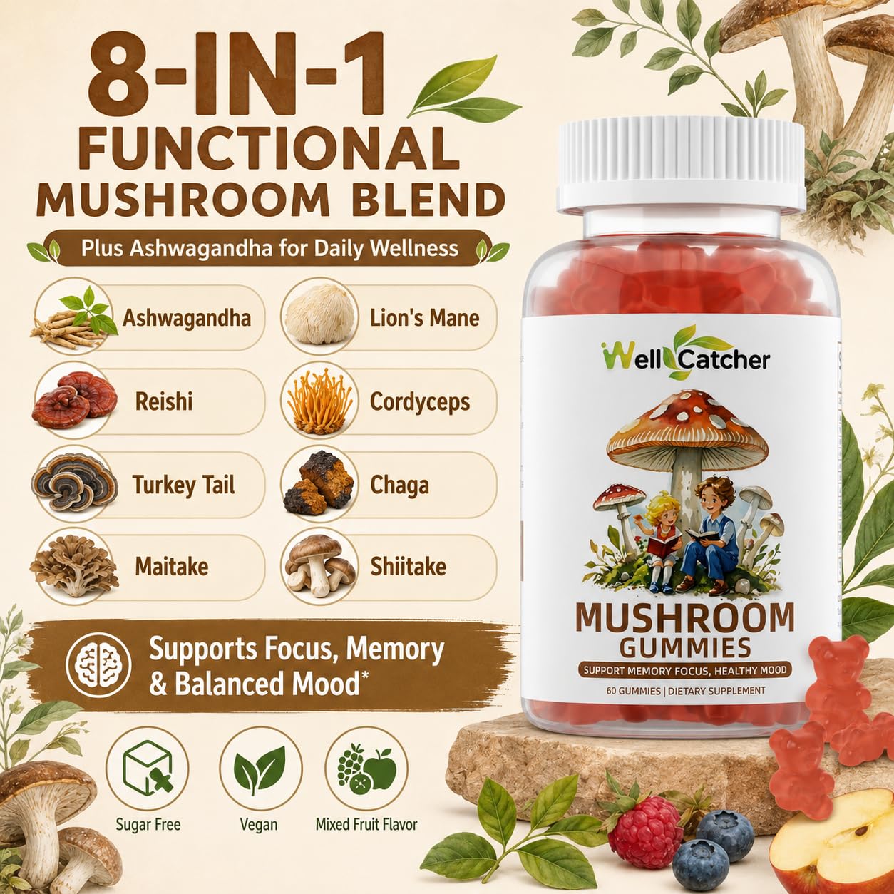 Wellcatcher Mushroom Gummies with Ashwagandha, Lion's Mane, Reishi & Cordyceps - Brain Support, 60 Gummies