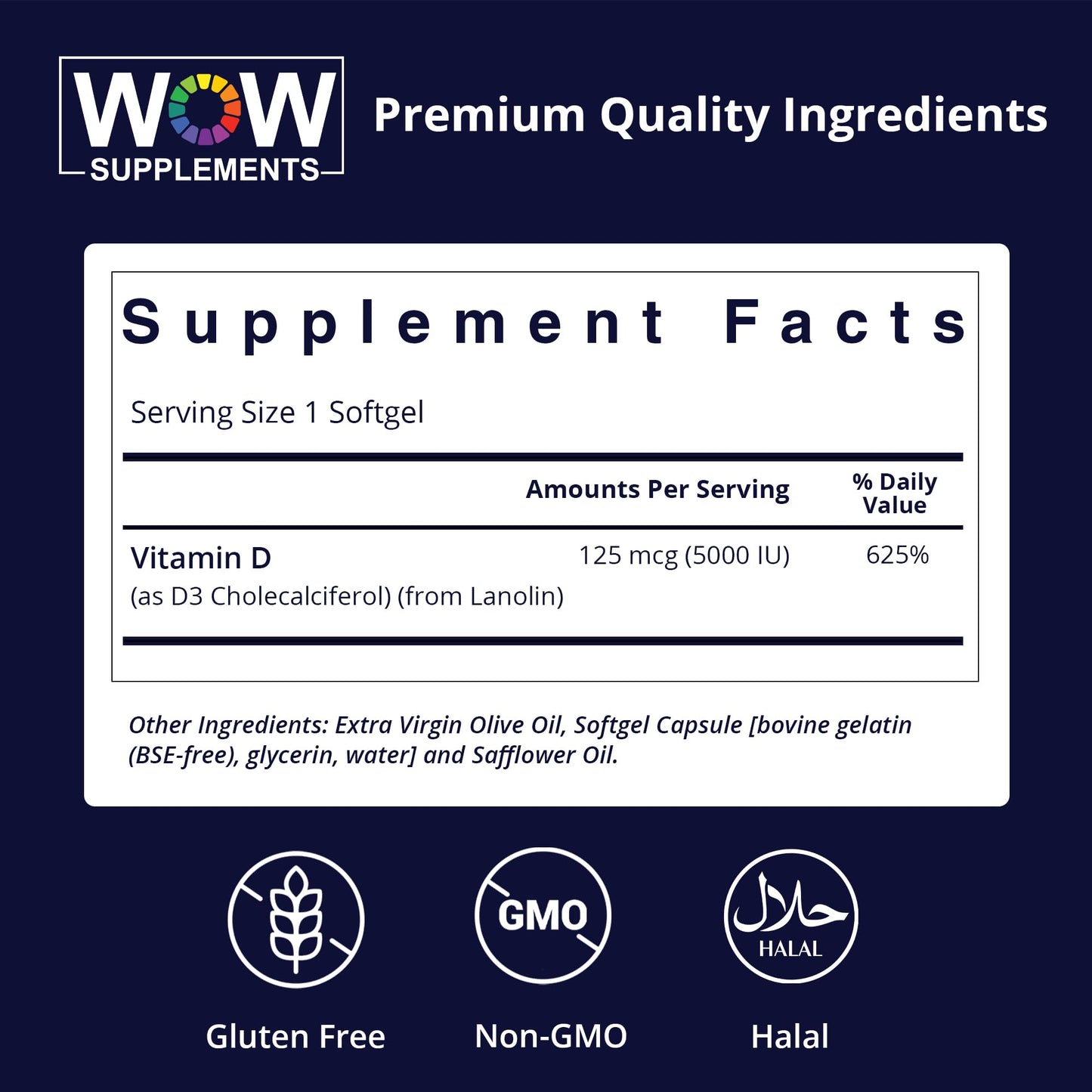 WOW Supplements Vitamin D3 5000 IU Softgels, 120 Count