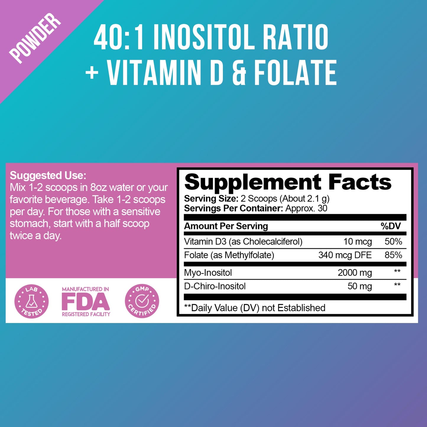 Optify Inositol Supplement Bundle Powder - Myo-Inositol & D-Chiro Inositol with Folate & Vitamin D, 1 Count