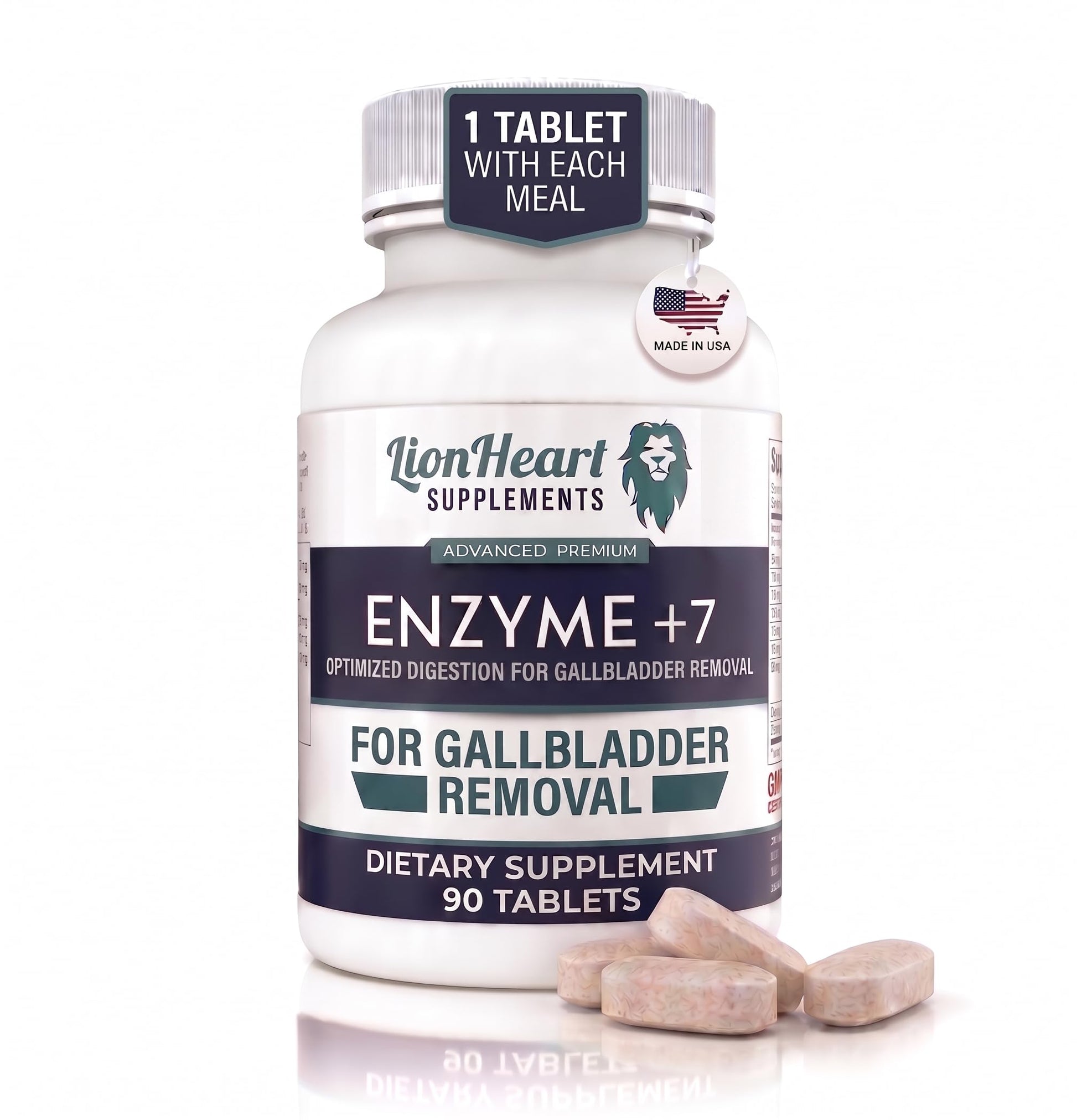 LionHeart Supplements Enzyme +7 Digestive Enzymes for No Gallbladder, 90 Tablets