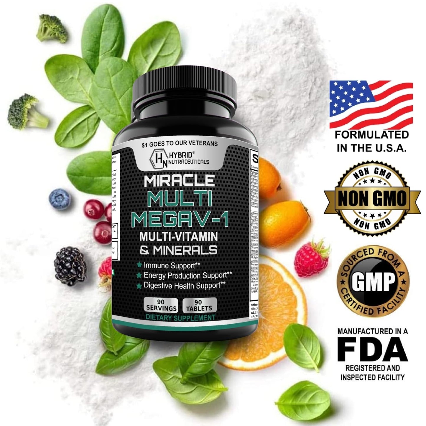 Hybrid Nutraceuticals MEGAV-1 Multi-Vitamin, Superfood & Minerals - Daily Multivitamin with Probiotics, Digestive Enzyme, Mushroom Complex for Heart Health, Immune Support, Energy & Stamina, 180 Tablets