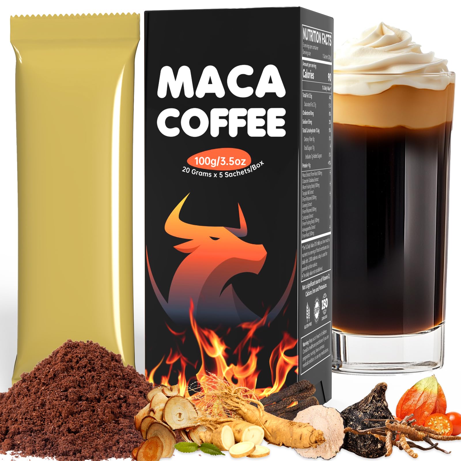 Dr. HR Maca Coffee Instant Cold Brew with Arabica Bean Powder, Ginseng, Cordyceps & Ashwagandha, Energy Boost, Additive-Free Powder 3.5 Ounce