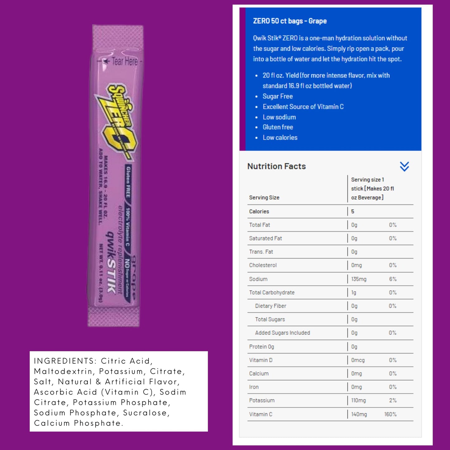 Sqwincher Zero Qwik Stik Zero Powder 50 Count