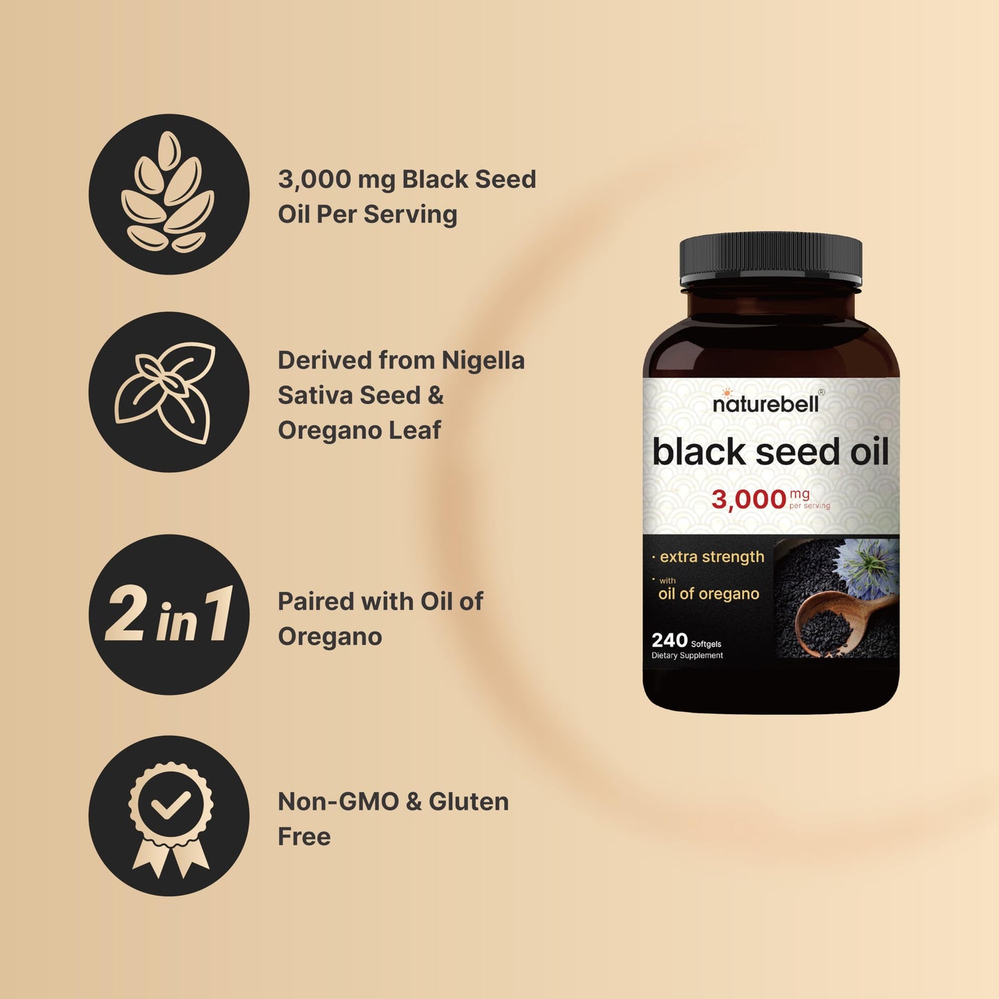 NatureBell Black Seed Oil 3,000 mg Per Serving Softgels, 240 Count