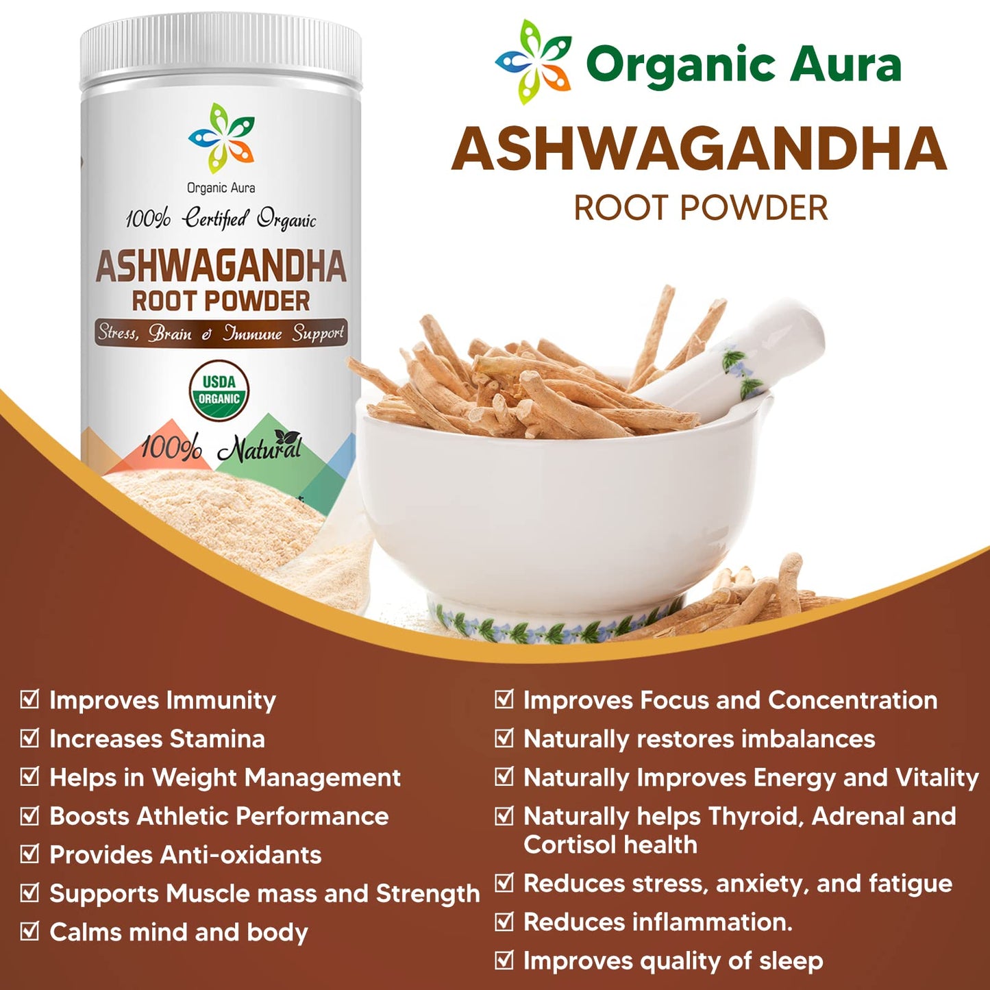 Organic Aura International Ashwagandha Root Powder 8 Oz