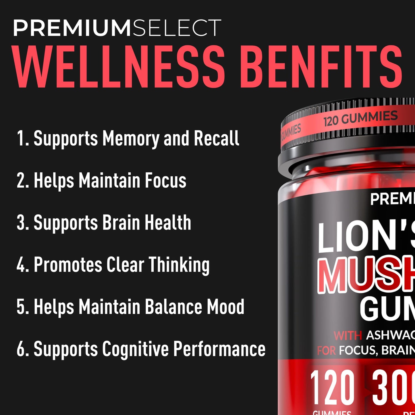 Premium Select Nutrition Lions Mane Gummies 120 Count
