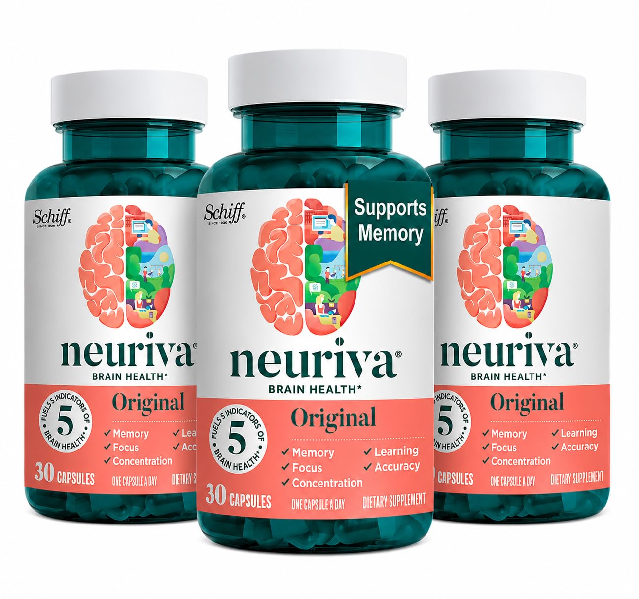 Neuriva Original Brain Supplement for Memory, Focus & Concentration + Learning & Accuracy with Clinically Tested Nootropics Phosphatidylserine and Neurofactor, Capsule, 90 Count