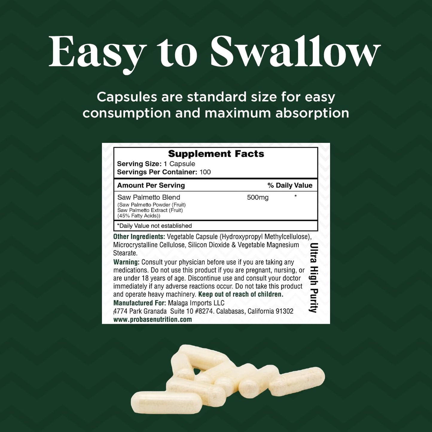 Probase Nutrition Saw Palmetto Herbal Supplement for Prostate and Urinary Health Support 500mg Capsules, 100 Count