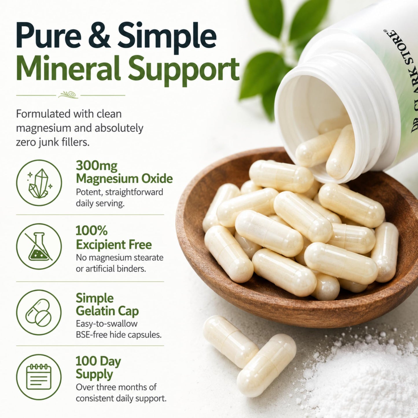 Dr Clark Store Magnesium Oxide Supplement 300mg Capsules, 100 Count