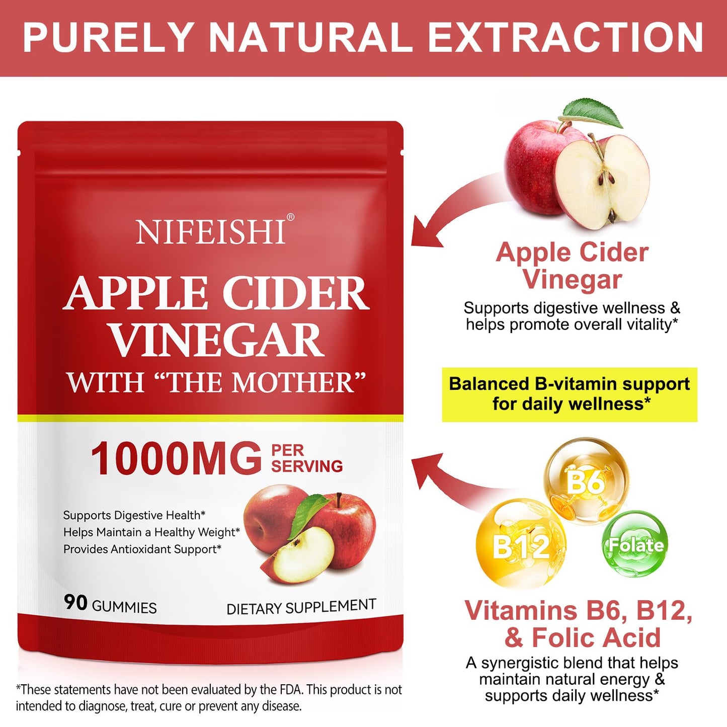 NIFEISHI Apple Cider Vinegar Gummies with Mother, 1000mg ACV, 90 Count