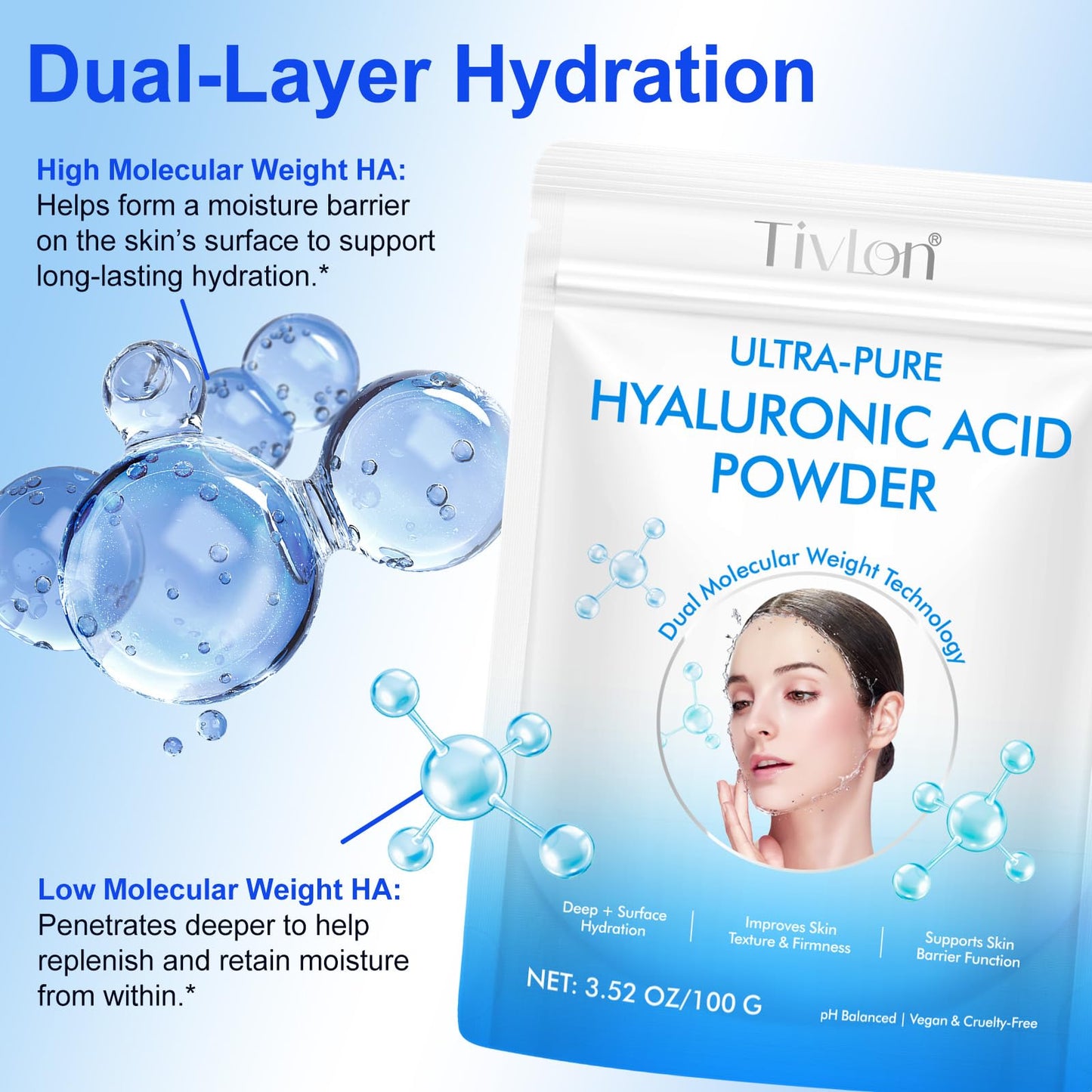 Flasture Hyaluronic Acid Powder for Skin, High Molecular Weight, Water-Soluble, Cosmetic Grade, Vegan, Gluten-Free, DIY Serums & Creams, 7.04 oz
