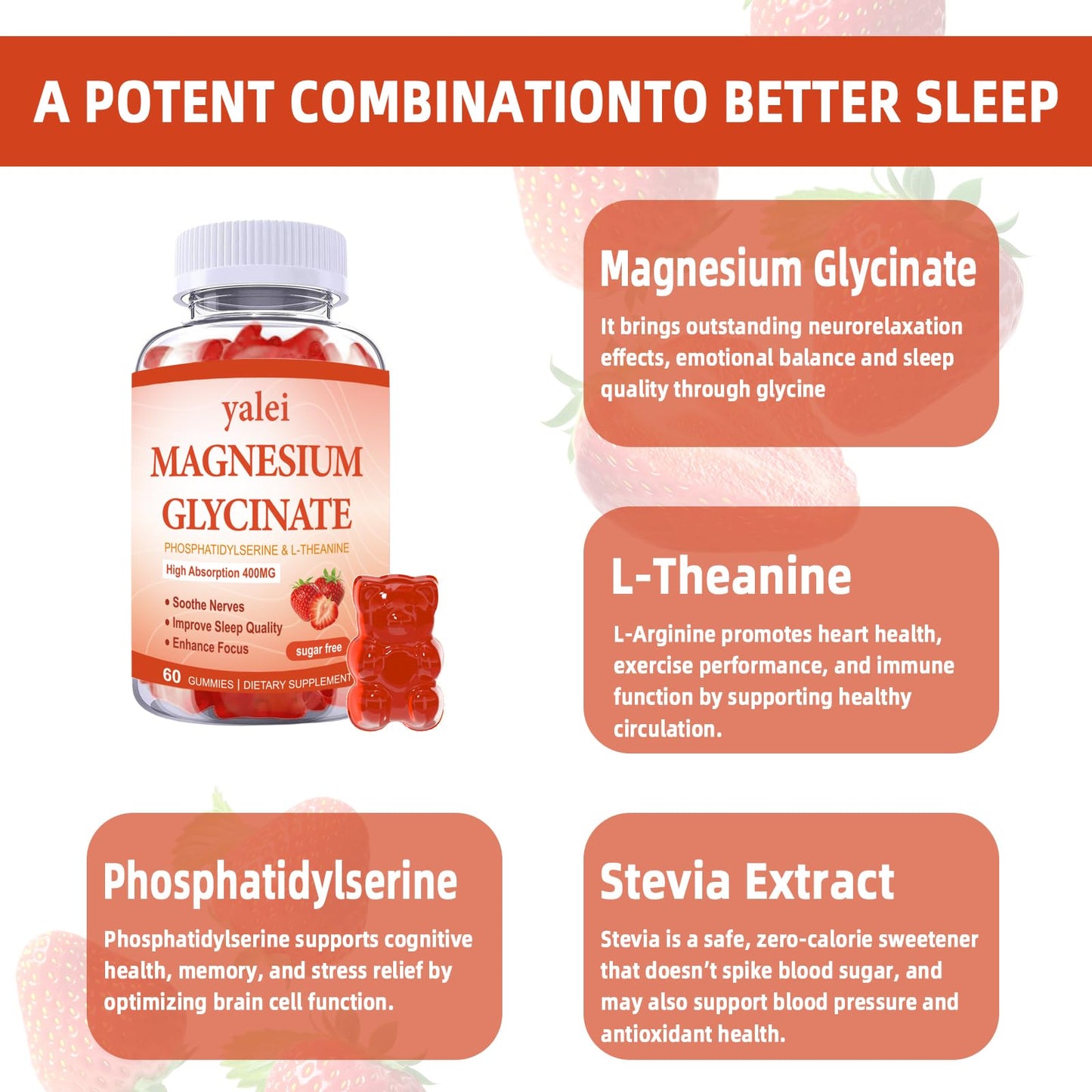 Yalei Magnesium Glycinate Gummies 400mg with L-Theanine, Phosphatidylserine – Sleep, Stress & Muscle Relief for Adults & Kids, Non-GMO, Vegan, Sugar Free, 60 Gummies