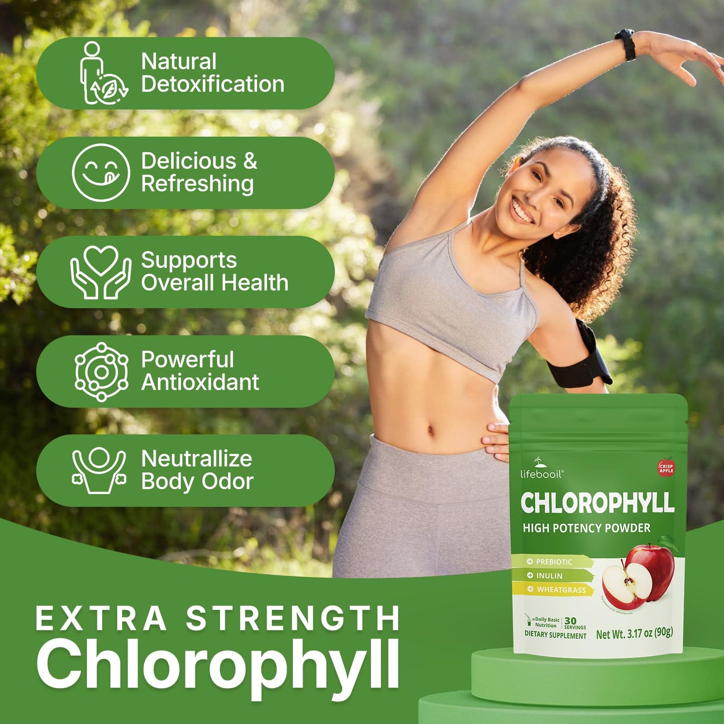 Lifebooil Chlorophyll Powder, 3.17 Ounce, 120mg Clorofila for Drinking – Supports Alkalization, Gut Health & Clean Energy – 30 Servings (Crisp Apple)