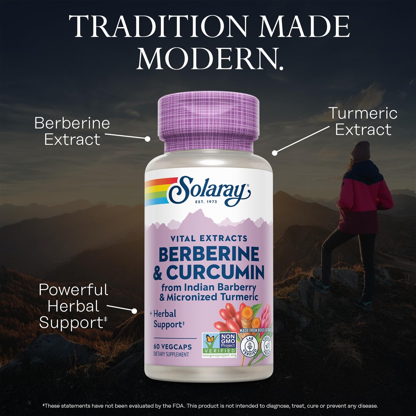 SOLARAY Berberine & Curcumin - Berberine Turmeric Supplement with 20% Micronized Curcumin from Turmeric Root - Herbal Wellness Support Capsules, 60 Count