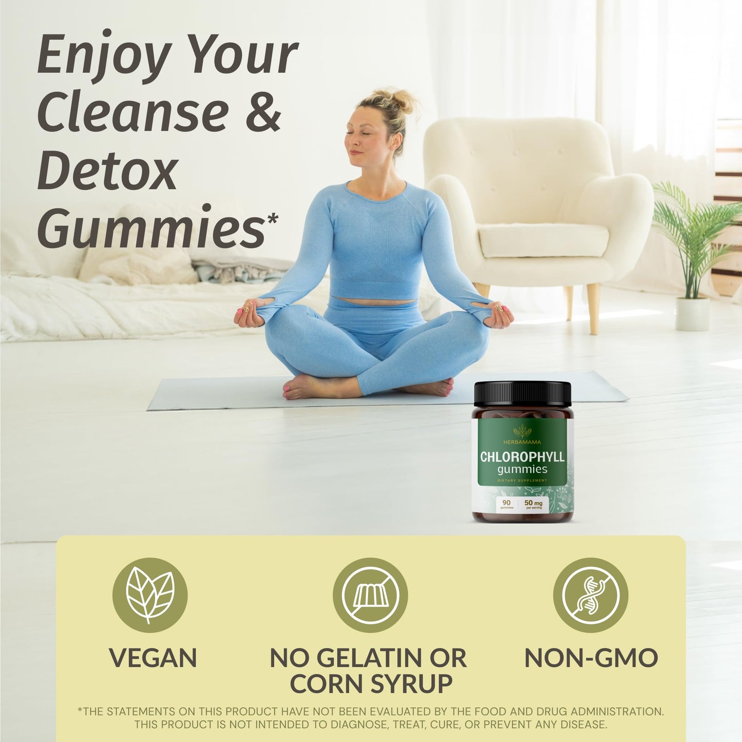 HERBAMAMA Chlorophyll Gummies – Internal Deodorant for Body Odor Support – 50 mg Sodium Copper Chlorophyllin per Serving – Vegan Chlorophyll for Immune & Digestive Support, 90 Count