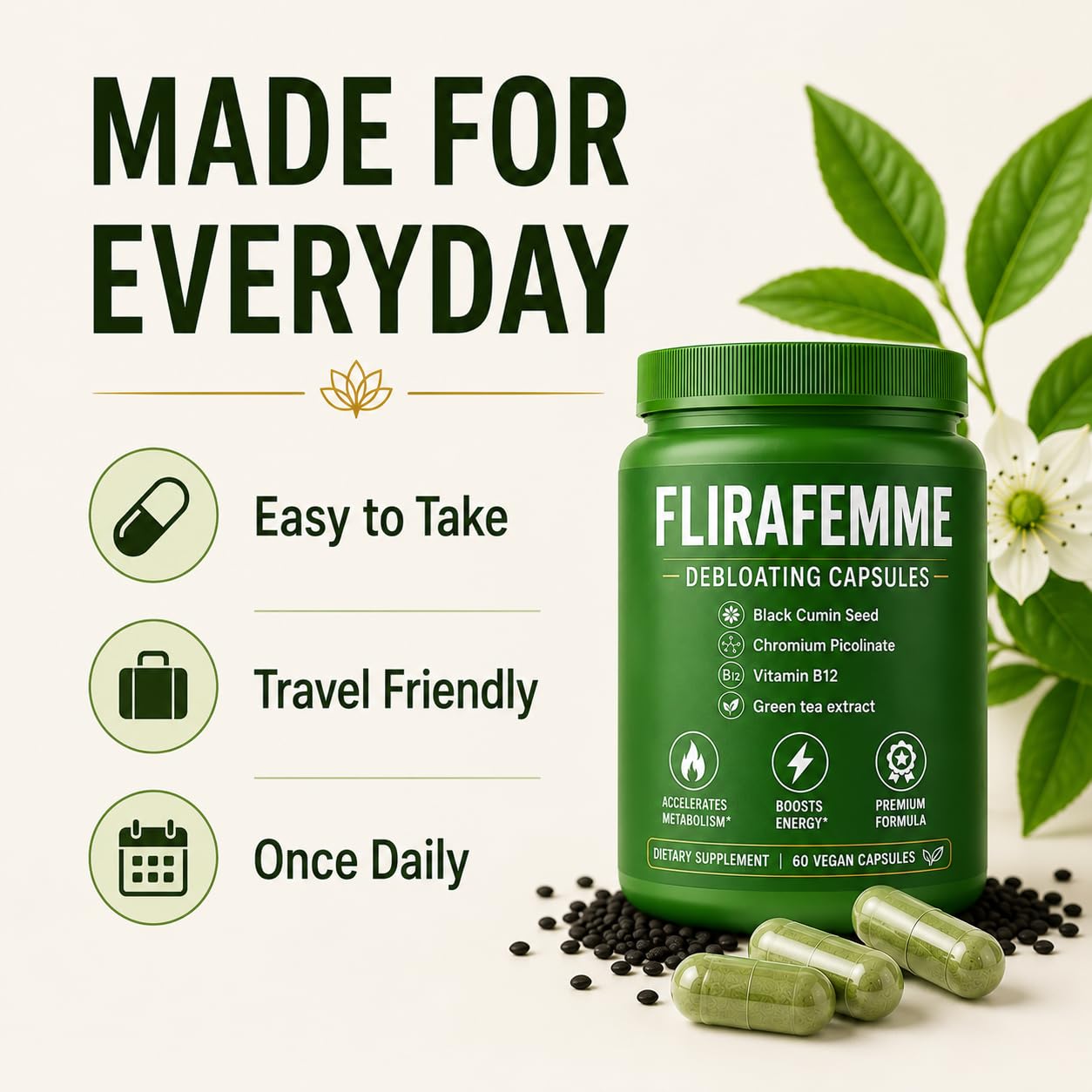 Voluglow Flira Femme Debloating Capsules with Green Tea Extract, Black Cumin Seed, Chromium & Vitamin B12 – 60 Capsules