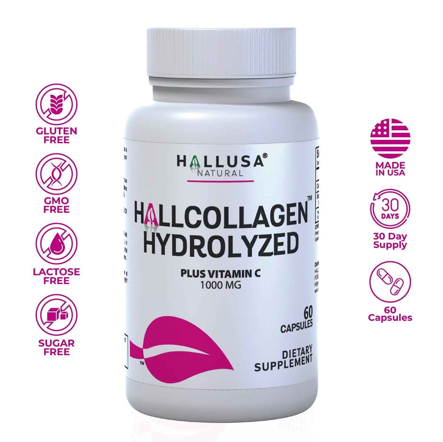 Hallusa Natural Hydrolyzed Collagen Capsules 1000mg with Vitamin C, 60 Capsules