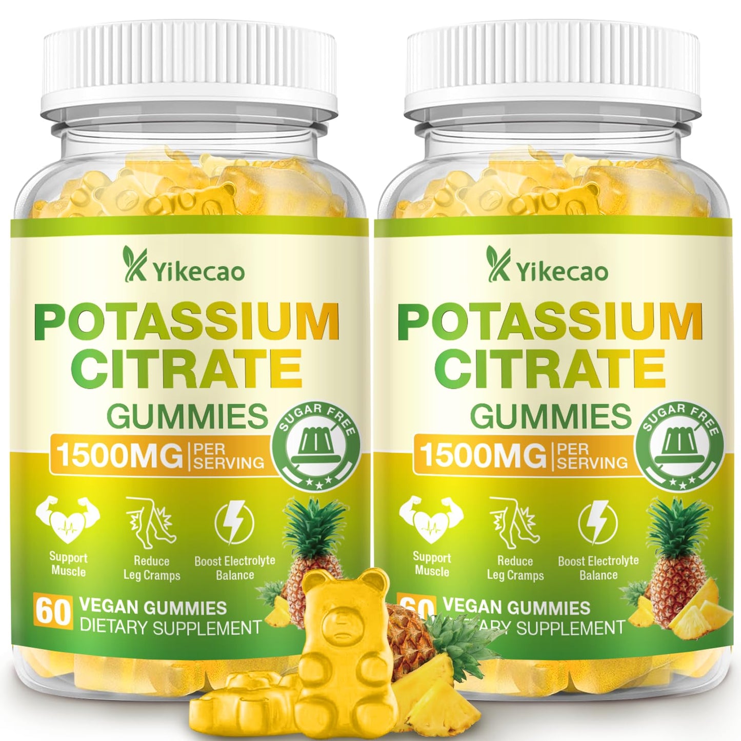 Yikecao Potassium Citrate Gummies 1500mg, Potassium Supplement Gummies for Adults, Women & Men, Sugar-Free Pineapple Flavor, 60 Count Gummies