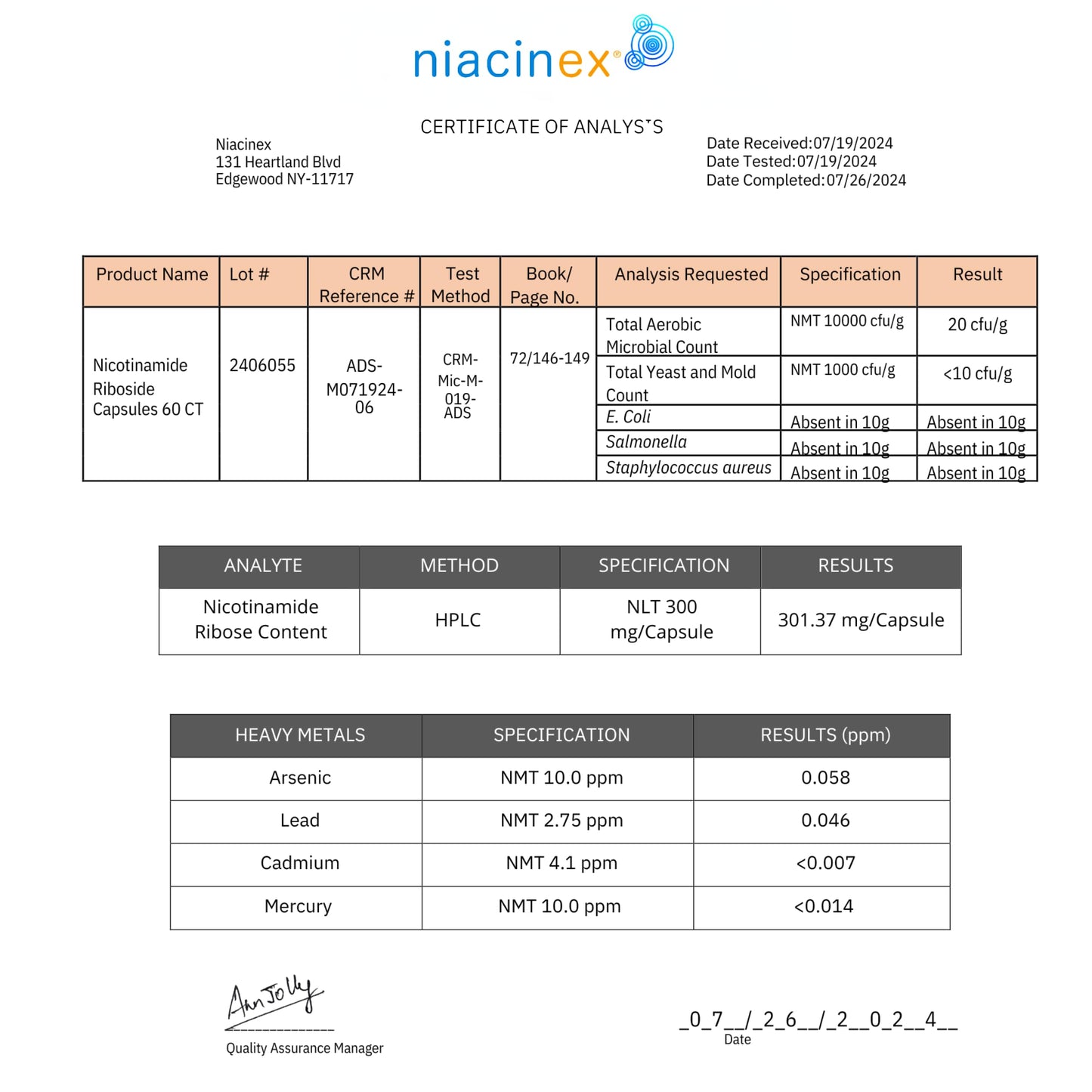 Niacinex NAD+ Supplement 600mg Pure Nicotinamide Riboside (NR) Capsule, 60 Count