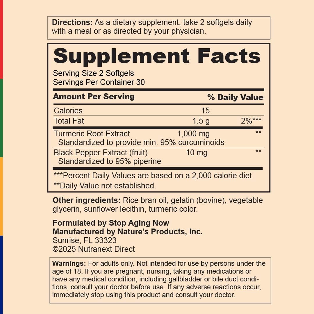 Stop Aging Now Curcumin2K Curcumin Supplement with Black Pepper 60 Softgels