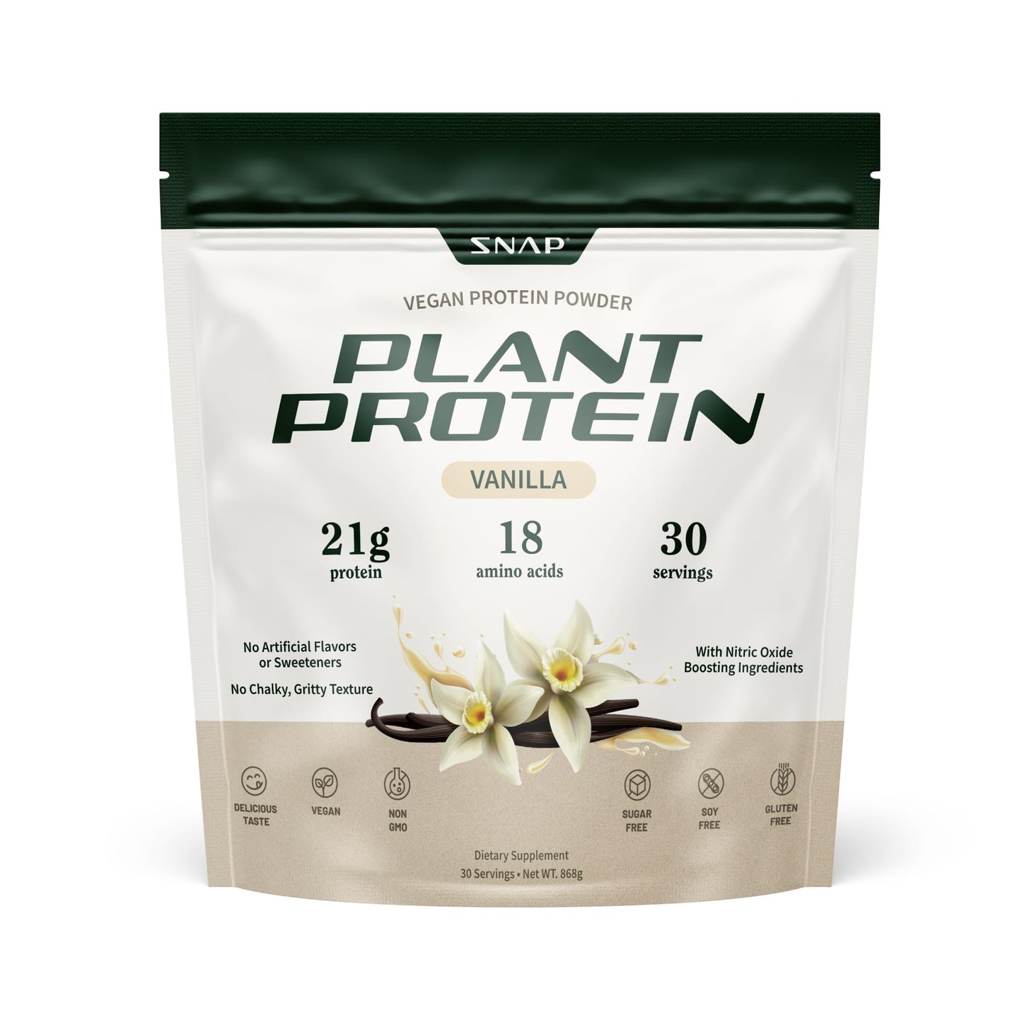 Snap Supplements Organic Plant Based Vegan Protein Powder Nitric Oxide Boosting Vanilla Bean, 30 Servings