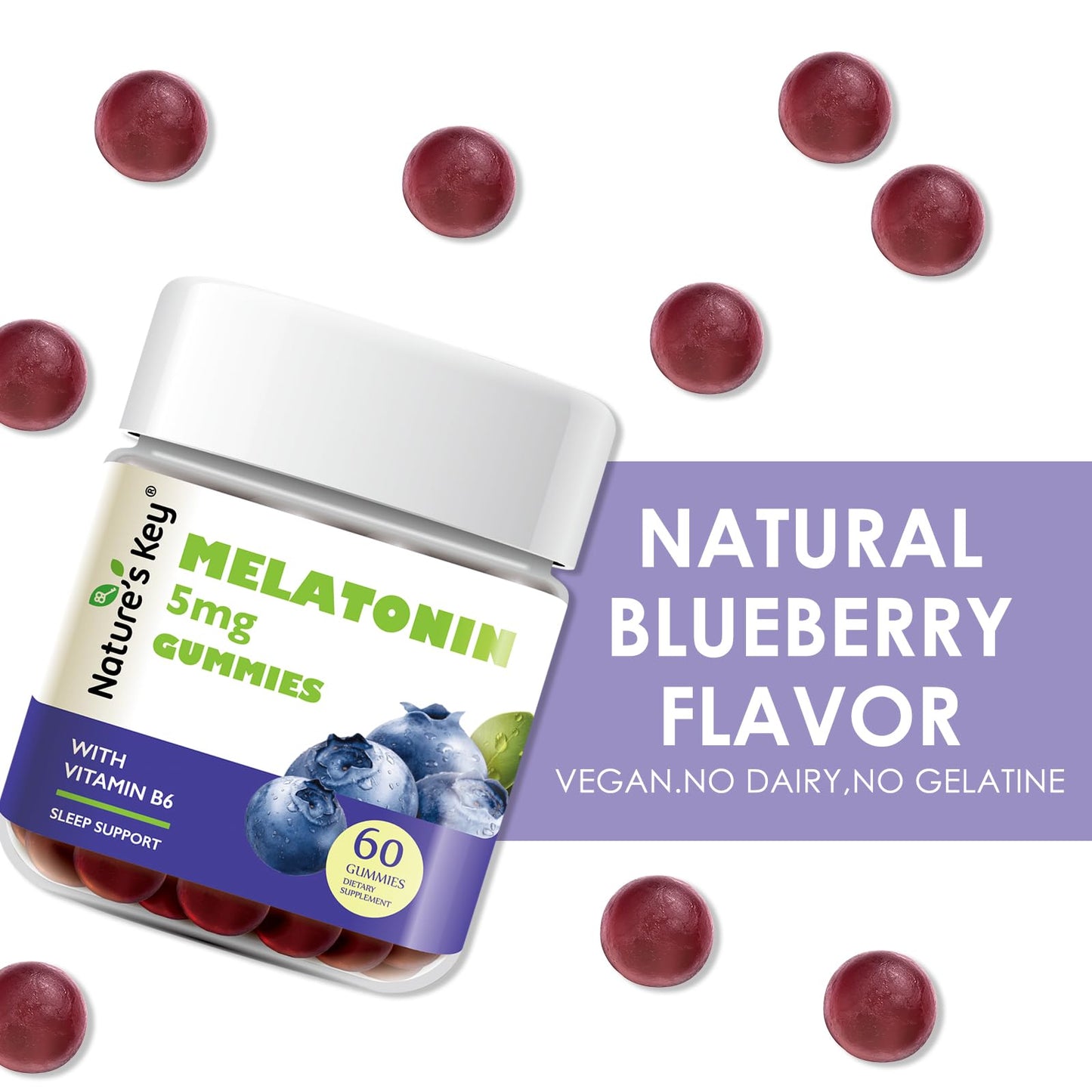 Nature's Key Melatonin Gummies 5mg with Vitamin B6 Sleep Support, Blueberry, 60 Count