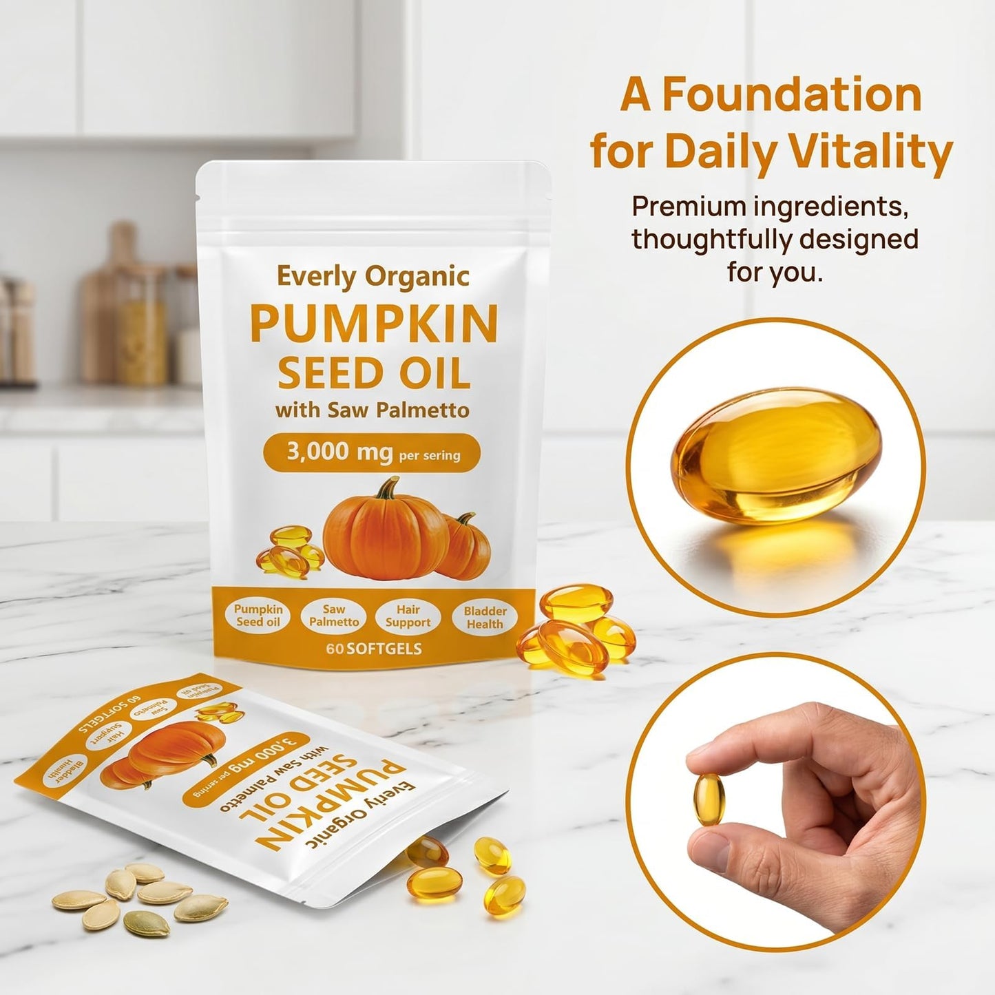 Everly Organic Pumpkin Seed Oil with Saw Palmetto Softgels, 60 Softgels