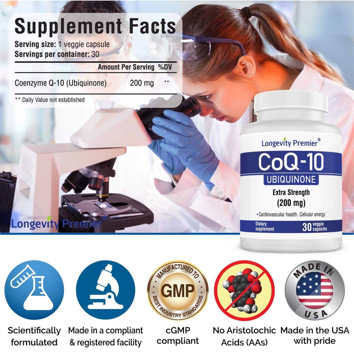 Longevity Premier Nutraceuticals Inc CoQ10 100 mg Extra Strength & Better Absorption for Healthy Heart, 30 Veggie Capsules
