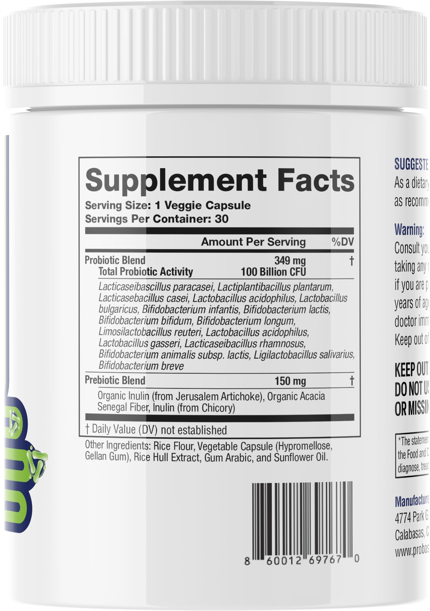 Probase Nutrition Probiotic Capsule, 30 Count, 100 Billion CFU, 10 Strains with Prebiotics