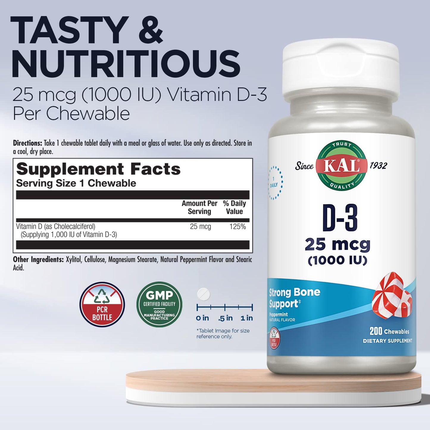 KAL Vitamin D-3 1000 IU Chewable, 200 Chews