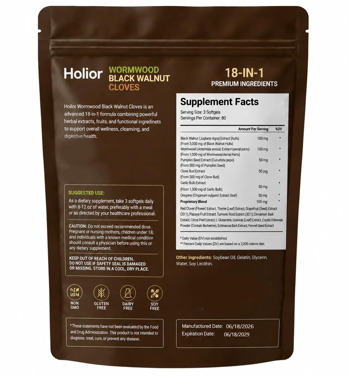 Luxero Holior Wormwood Black Walnut Cloves, 18-in-1 Herbal Blend Formula with Clove, Garlic, Turmeric, Pumpkin Seed & Oregano – Daily Digestive & Gut Balance Support Supplement, 240 Capsules