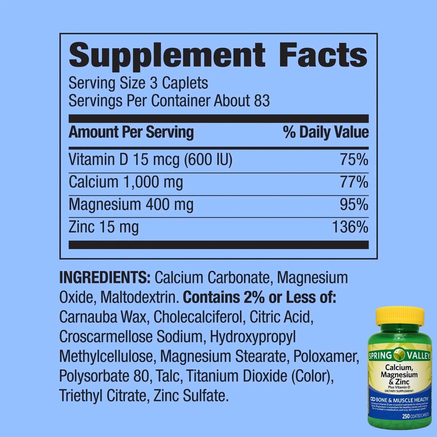 Generic Calcium, Magnesium, Zinc + Vitamin D3 Supplement Tablets, 250 Count