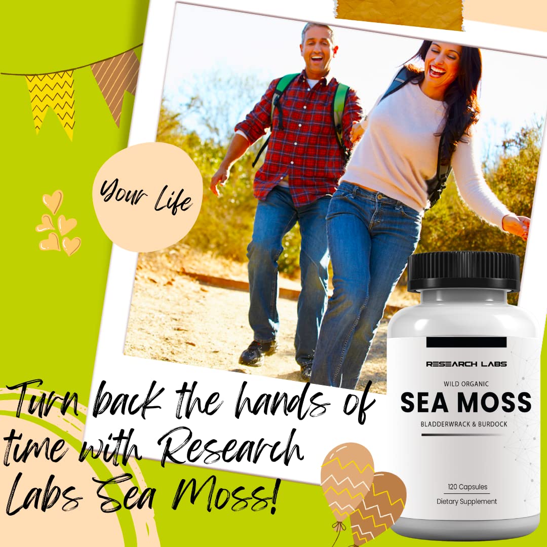 Research Labs 2 Fer 1 Ad Organic Irish Sea Moss Capsules, 240 Capsules, Thyroid Support, Raw Wildcrafted Seamoss with Bladderwrack & Burdock Root