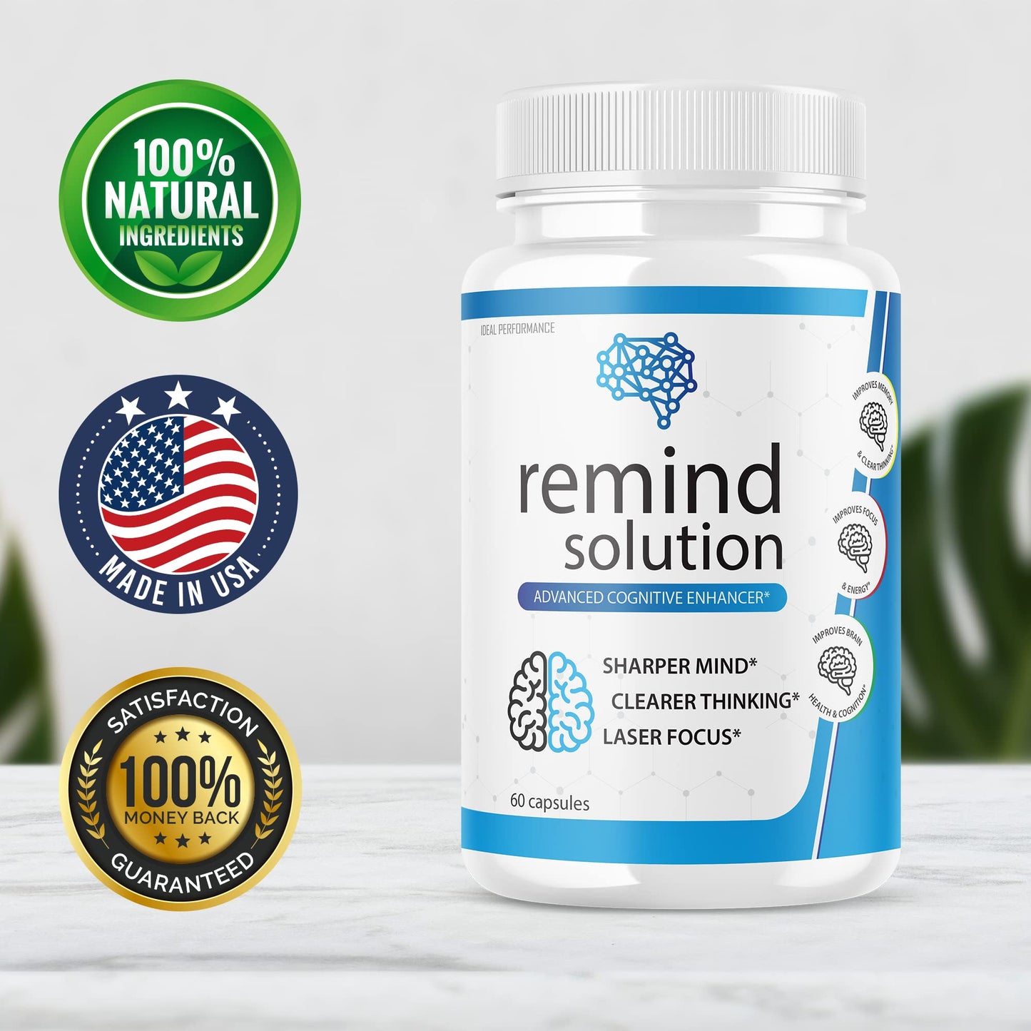 IDEAL PERFORMANCE Remind Solution for Memory Advanced Cognitive Brain Health Function Focus Max Concentration Recall Supplement, Capsules, 120 Capsules