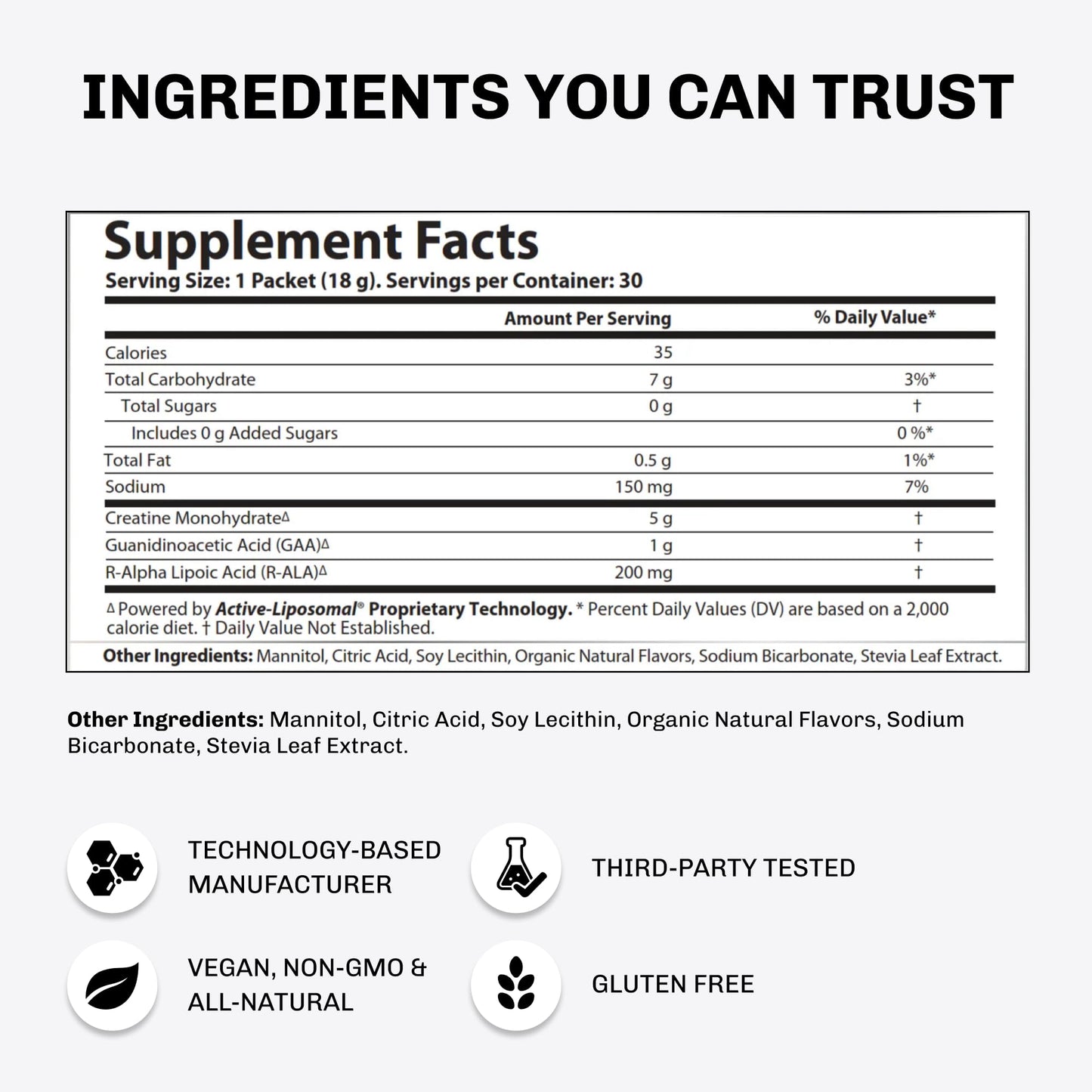Vida Lifescience Aurora Nutrascience Active Liposomal Creatine Monohydrate GAA & R-ALA Powder, 30 Single-Serve Packets
