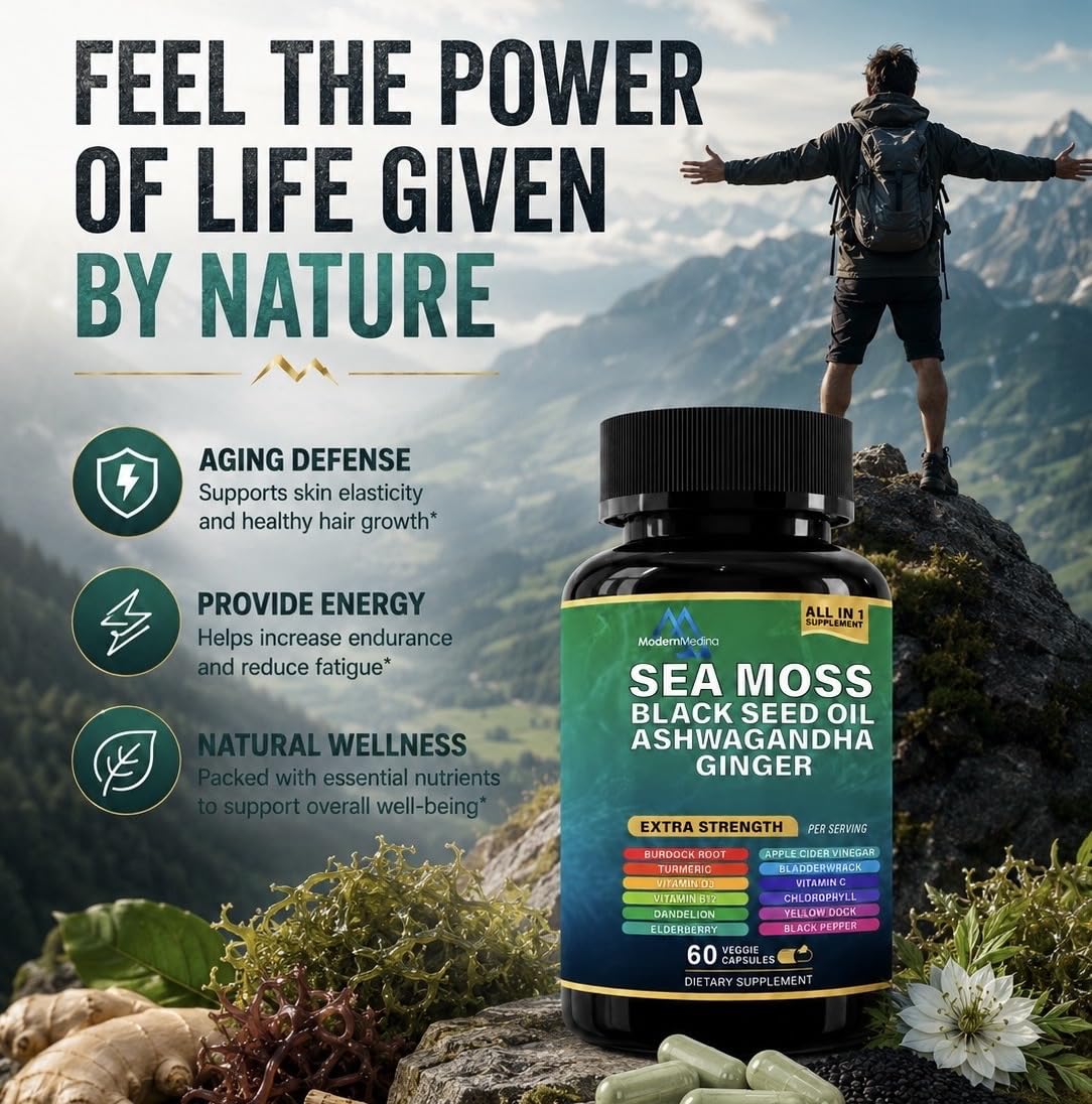 ModernMedina Sea Moss Herbal Supplement with Black Seed Oil, Ashwagandha & Ginger, 60 Capsules