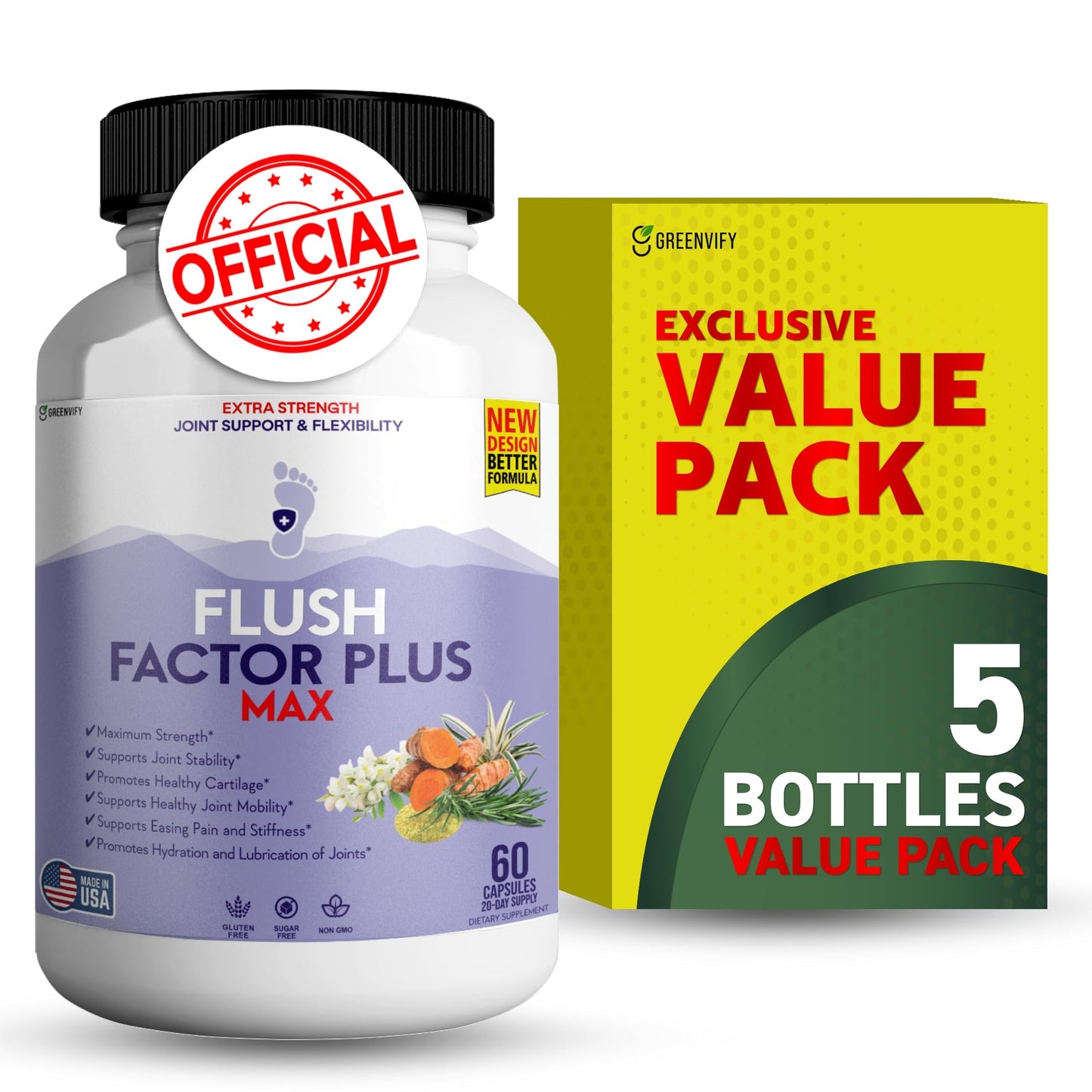 GREENVIFY Flush Factor Plus Max Natural Essences Natural Joint Support Supplement Capsules, 300