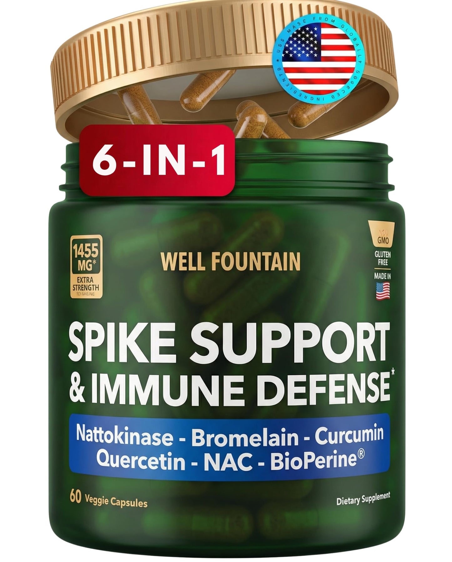 WELL FOUNTAIN Spike Support 6-in-1 Nattokinase 4000 FU, Bromelain 500mg, Curcumin 500mg, NAC 150mg, Quercetin 100mg & BioPerine 5mg Capsules, 60 Count