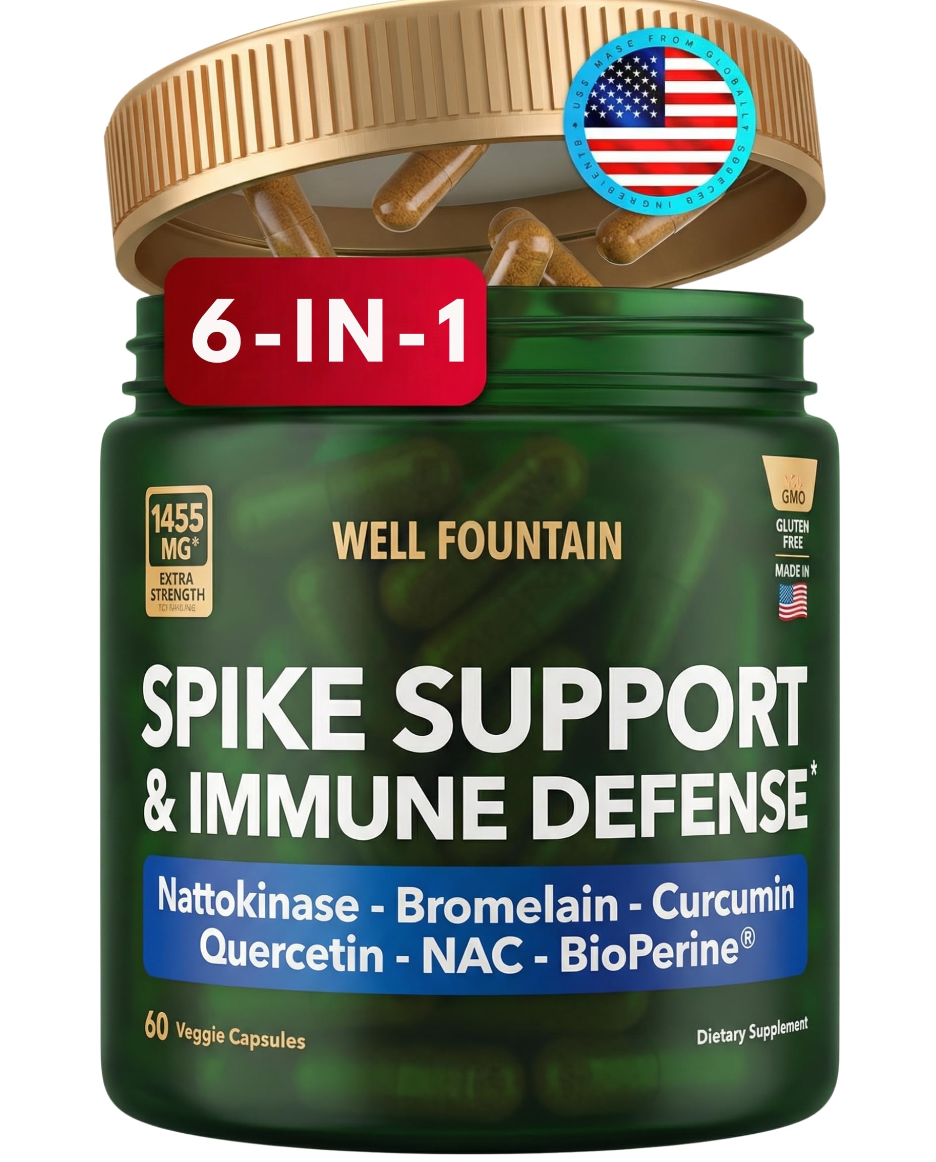 WELL FOUNTAIN Spike Support 6-in-1 Nattokinase 4000 FU, Bromelain 500mg, Curcumin 500mg, NAC 150mg, Quercetin 100mg & BioPerine 5mg Capsules, 60 Count