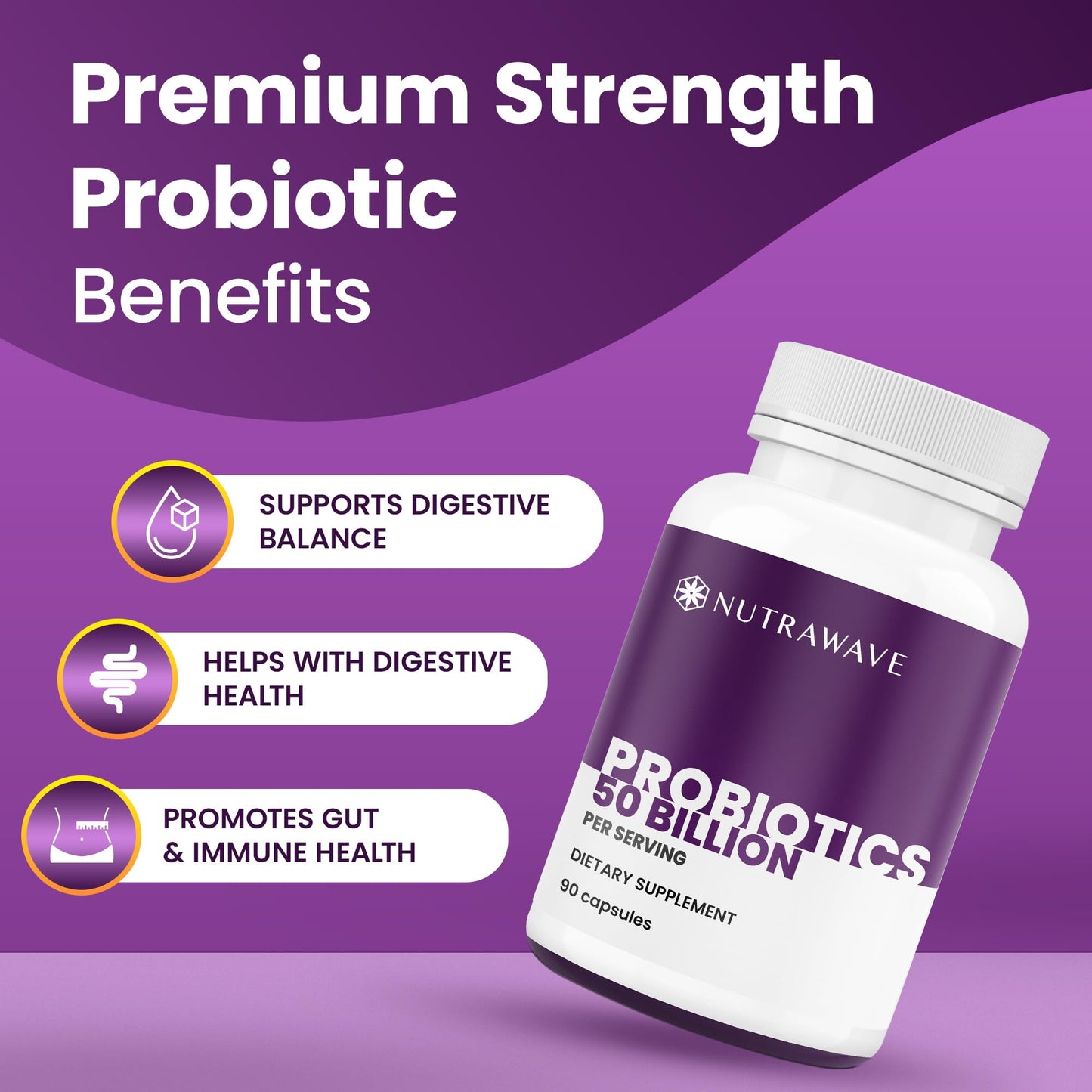 Nutra Wave 50 Billion Probiotics & Prebiotics for Women & Men – 15 Strains Active Culture – Supports Bloating, Constipation, Digestive & Gut Health – 60 Capsules