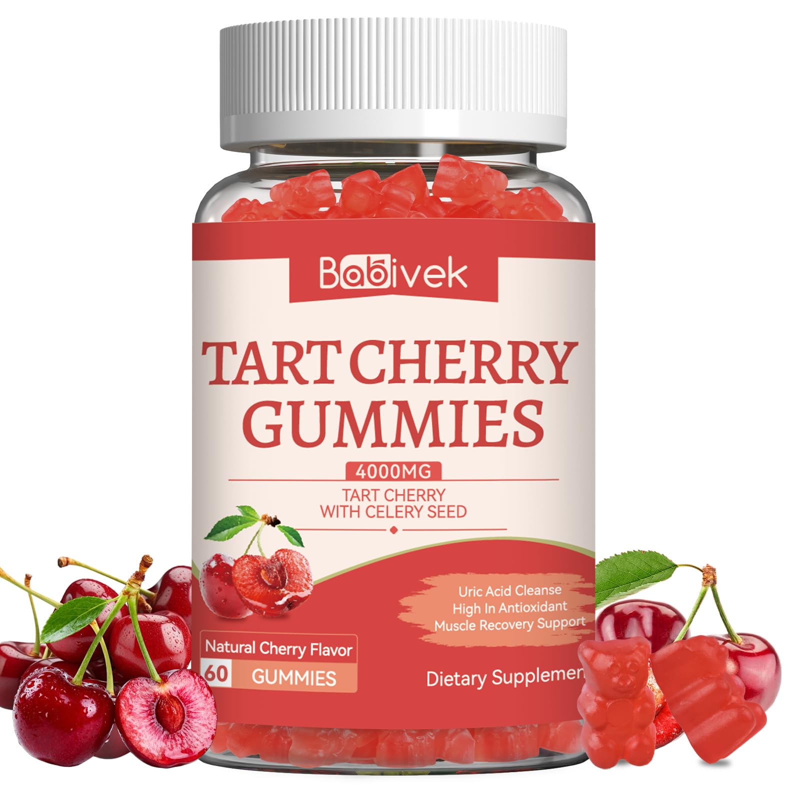 Babivek Tart Cherry with Celery Seed Extract – 4000mg Equivalent Per Serving, 2-in-1 Antioxidant & Uric Acid Support – Vegan, Pectin-Based, Delicious Natural Cherry Flavor, 60 Gummies