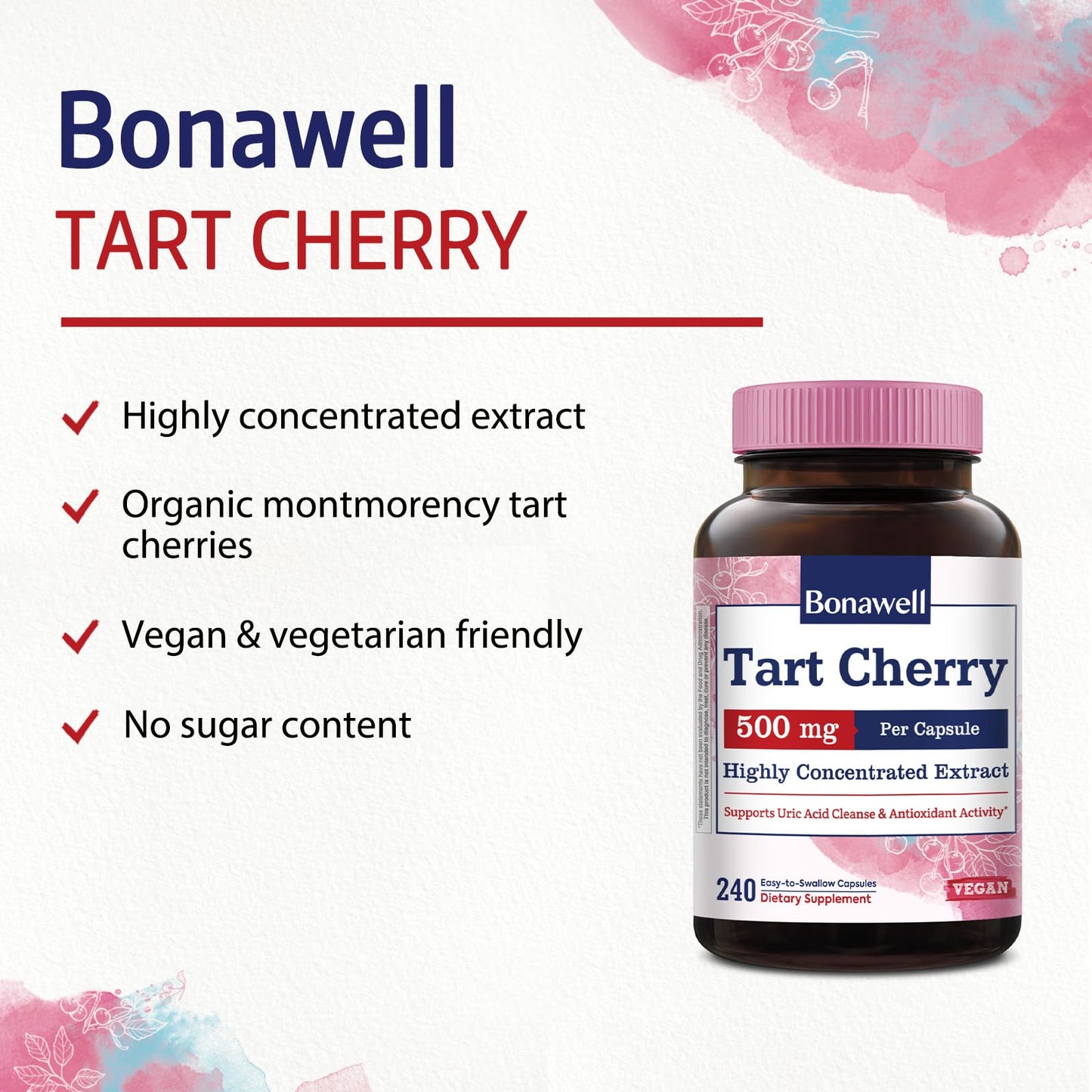 Bonawell Tart Cherry 500mg Extract Capsule, 240 Capsules