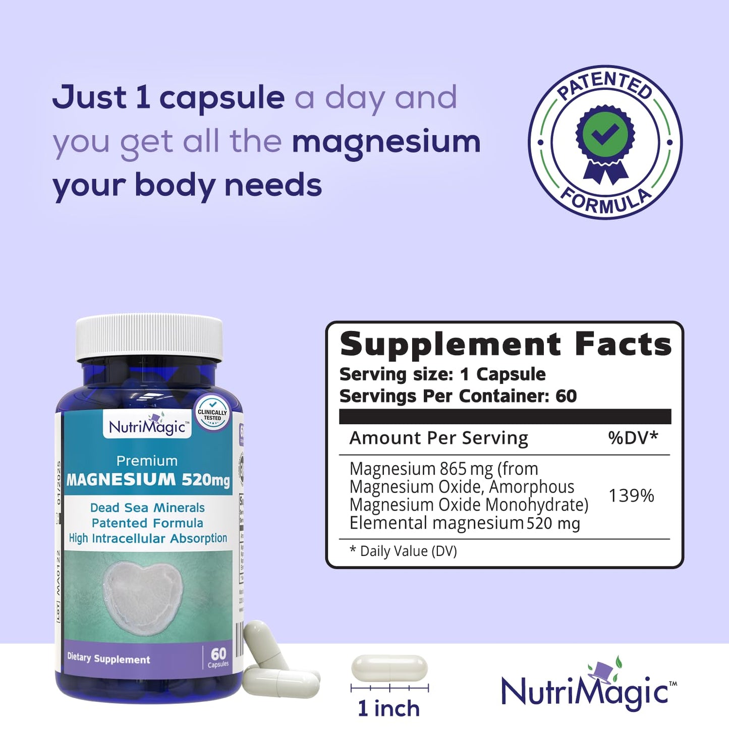 NutriMagic 520mg Patented High Absorption Elemental Magnesium from Oxide, Dead Sea Mineral Complex Capsule, 60 Count