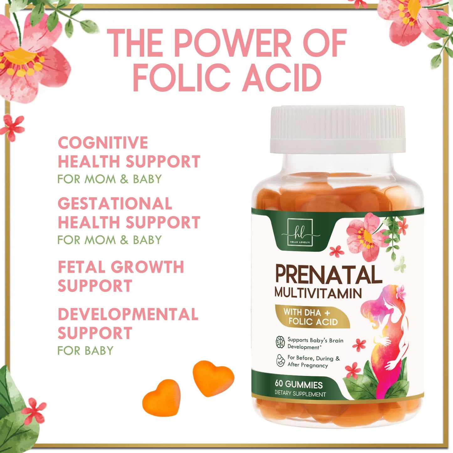 Hello Lovely! Prenatal Vitamins for Women – Complete Pregnancy Multivitamin with Folic Acid, Omega-3 DHA, Choline, Vitamin D – Essential Support for Mom & Baby Brain Development – Tasty Orange Flavor, 60 Gummies