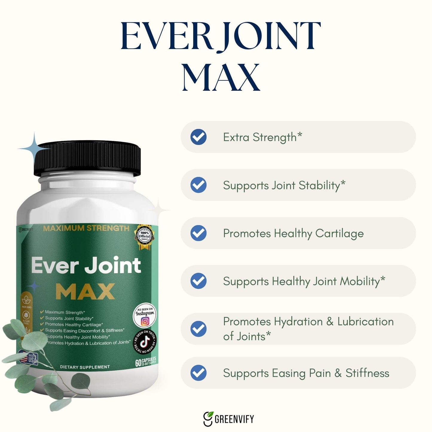 GREENVIFY Ever Joint MAX Joint Support Supplement Glucosamine Chondroitin Capsules 60 Capsules