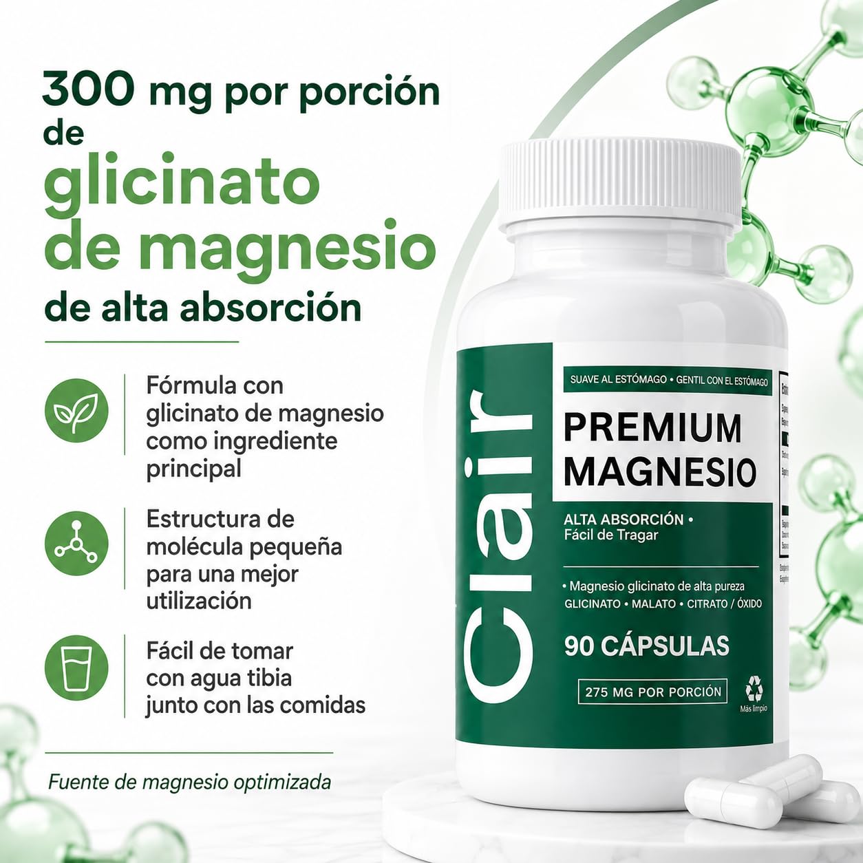 alzclipp Clair Magnesio Premium Magnesium with B6, D3, Zinc, 4-In-1 Blend Capsules, 90 Count