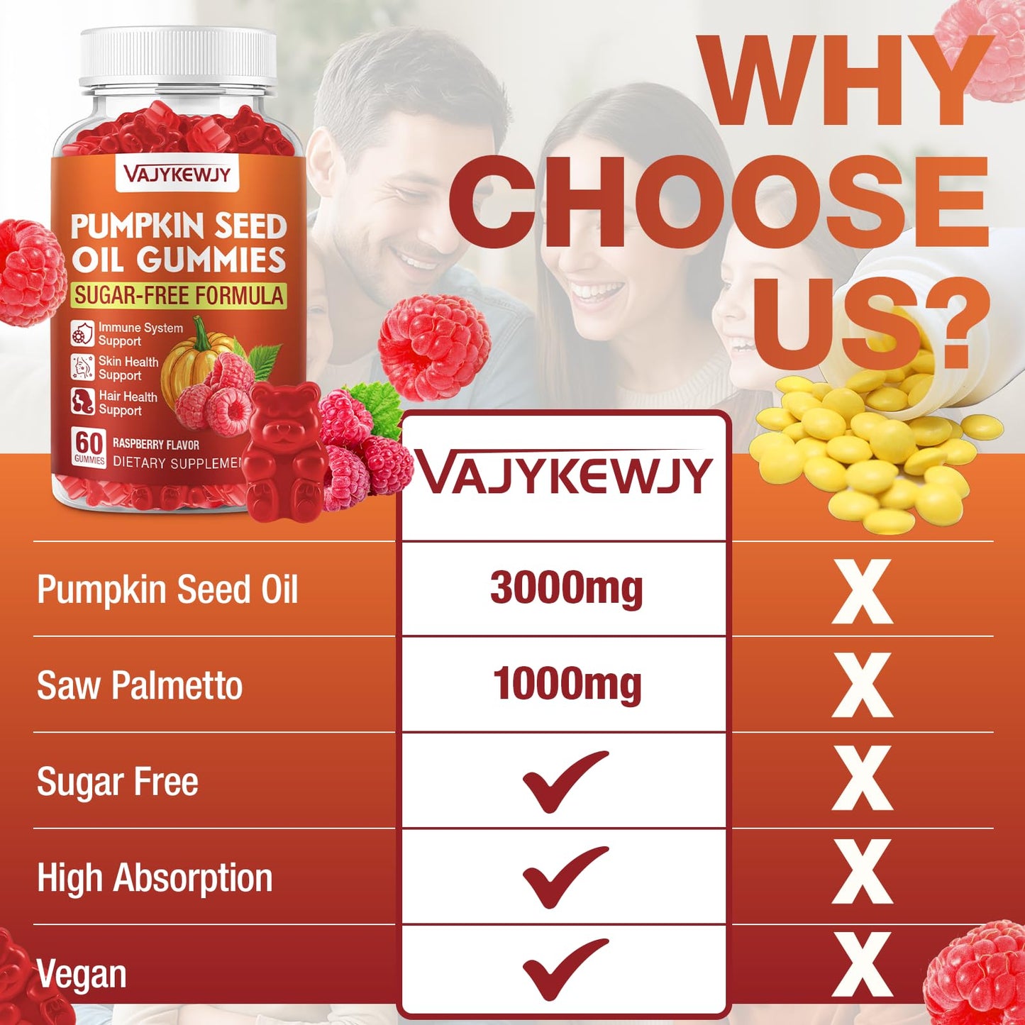 VAJYKEWJY Pumpkin Seed Oil & Saw Palmetto Hair Growth & Skin Health Supplement with High-Purity Extract for Women & Men, Vegan, Raspberry Flavor Gummy 2-pack