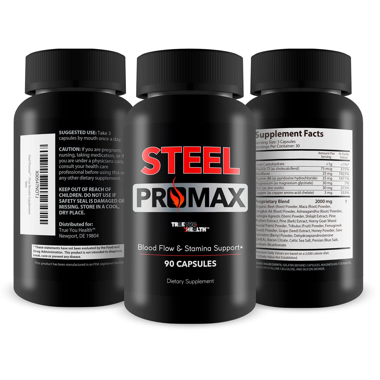 True You Health Steel Promax Extra Strength Stamina & Blood Flow Pills for Men Nitric Oxide Booster Steel Power Supplement Max Steelpower Male, 90 Capsules