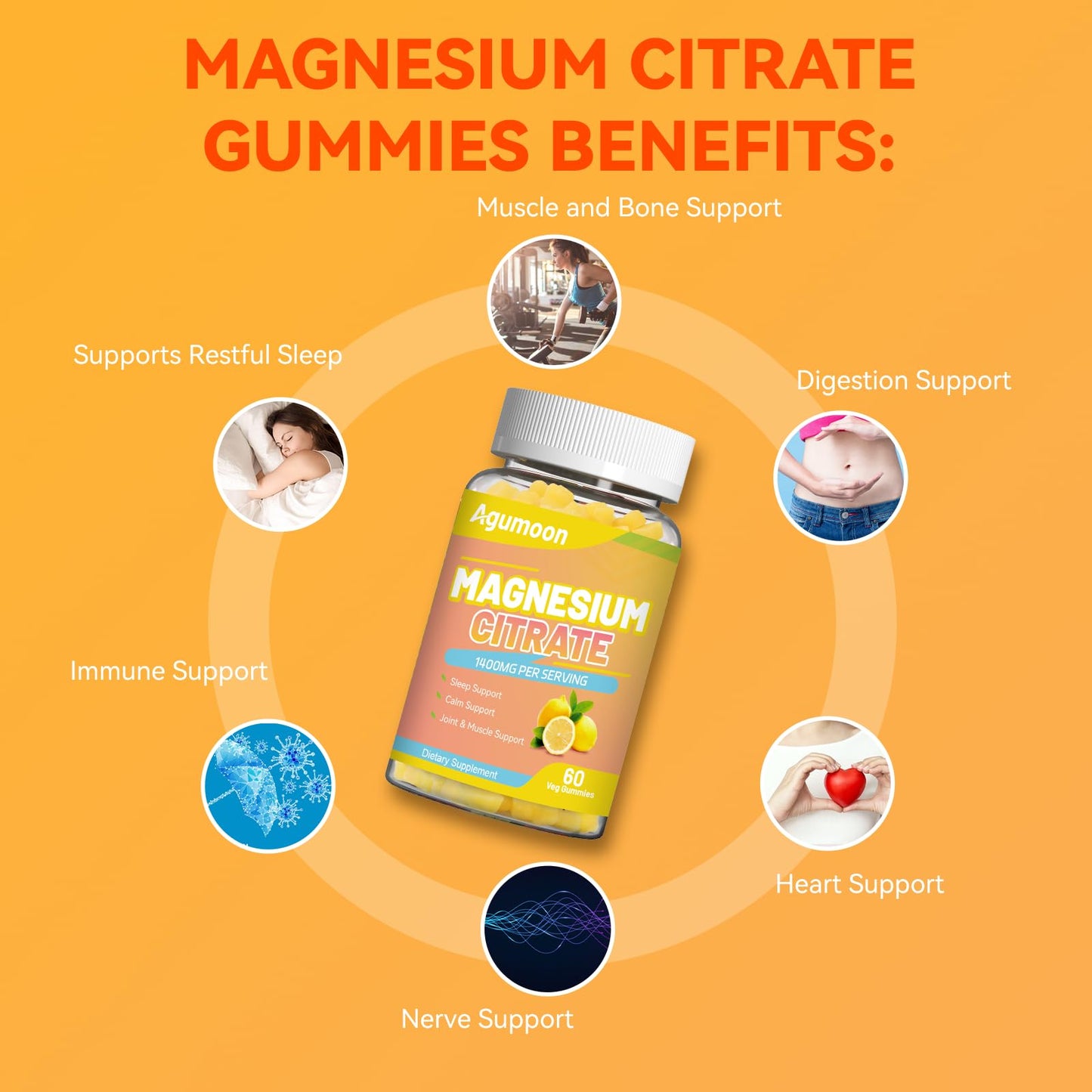 Agumoon Magnesium Citrate Gummies, High Absorption Magnesium Gummies for Adults, 1400mg Extra Strength, Vegan, Non-GMO, 60 Count