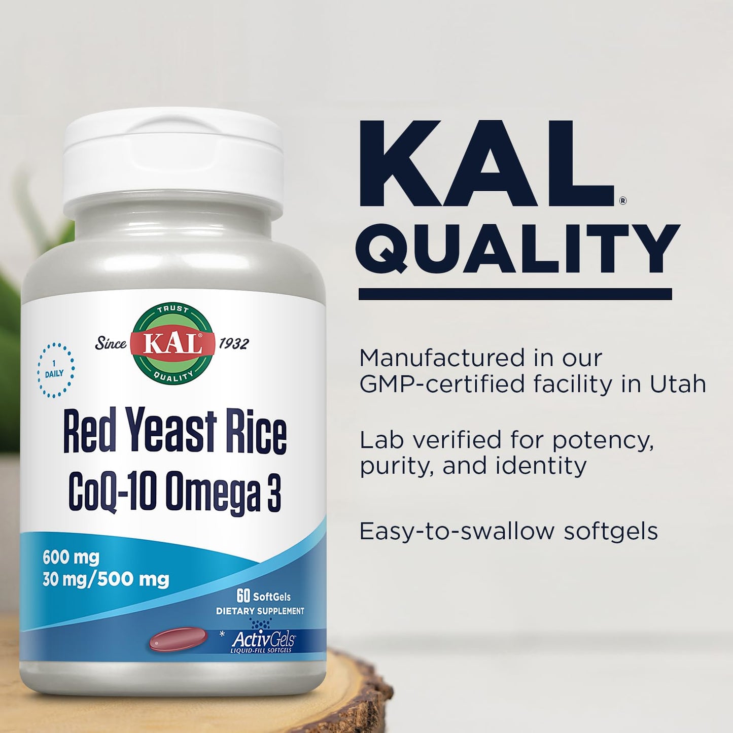 KAL Red Yeast Rice CoQ10 Omega-3 Softgels, 60 Count